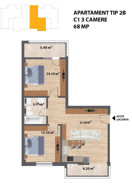 Apartament 3 camere tip 2B