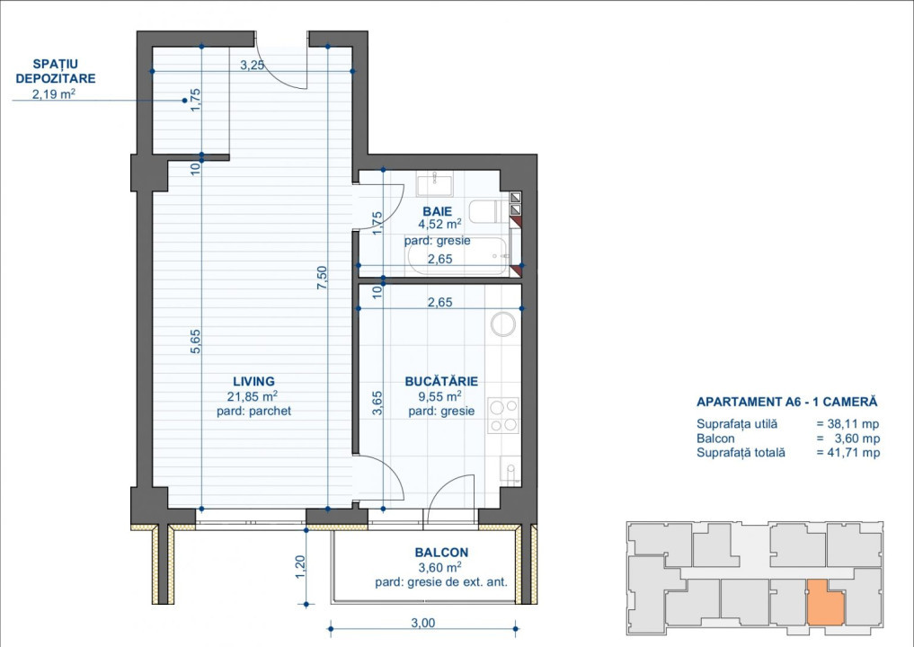 Apartament 1 camera, suprafata 41.71 mp