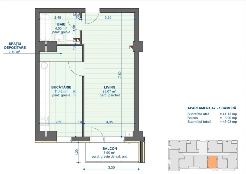 Apartament 1 camera, suprafata 45.03 mp