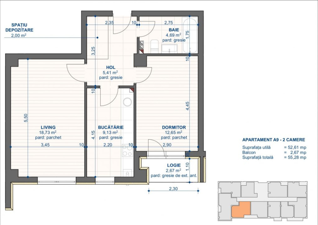 Apartament 2 camere, suprafata 55.28 mp