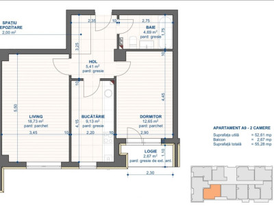 Apartament 2 camere, suprafata 55.28 mp