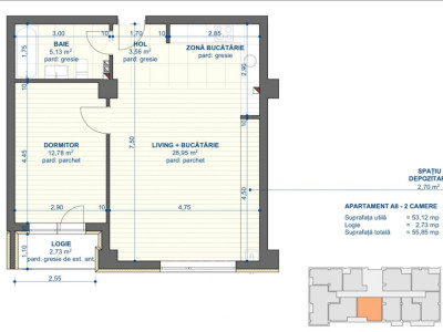 Apartament 2 camere, suprafata 55.28 mp