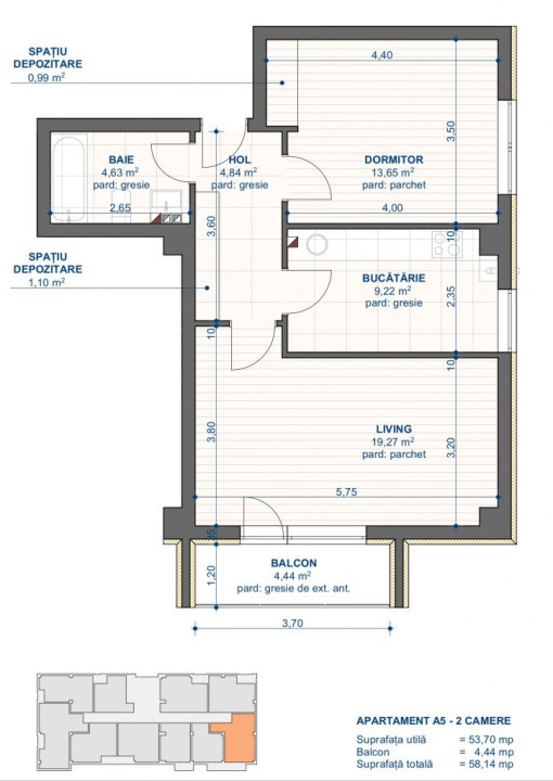 Apartament 2 camere, suprafata 58.14 mp