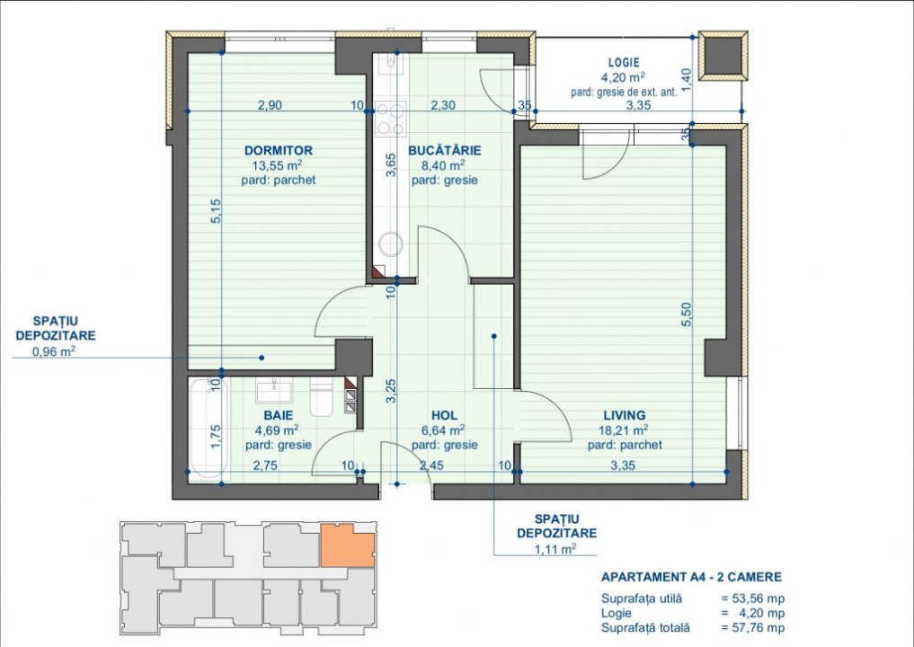 Apartament 2 camere, suprafata 57.76 mp