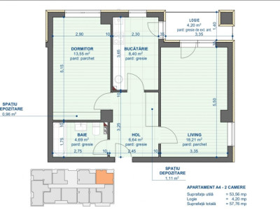 Apartament 2 camere, suprafata 57.76 mp