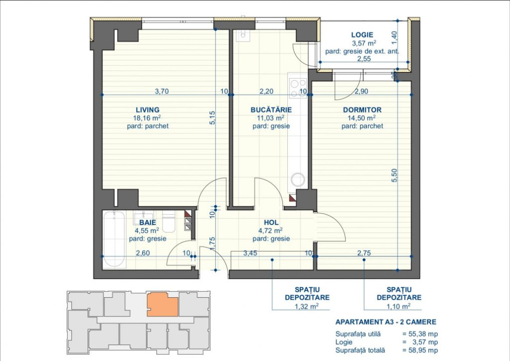 Apartament 2 camere, suprafata 58.95 mp