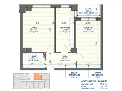 Apartament 2 camere, suprafata 58.95 mp