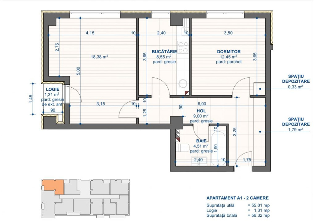 Apartament 2 camere, suprafata 56.32 mp