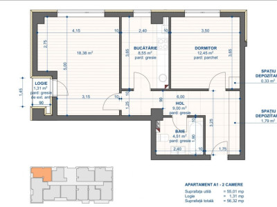 Apartament 2 camere, suprafata 56.32 mp