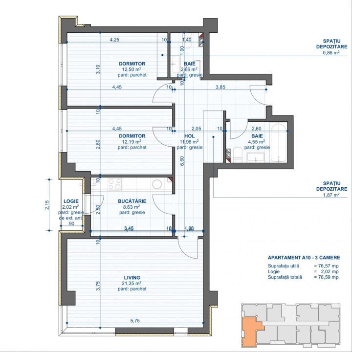 Apartament 3 camere, suprafata 78.59 mp