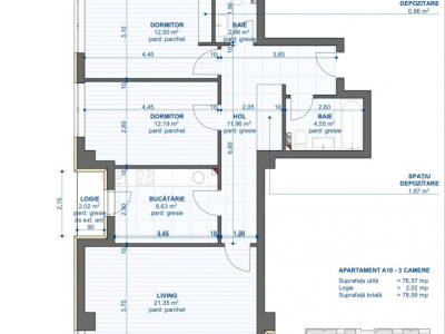 Apartament 3 camere, suprafata 78.59 mp